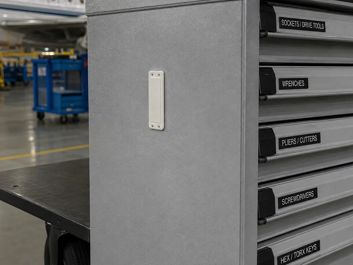 Rivets — permanent mechanical fixing of asset tag to a metal toolbox